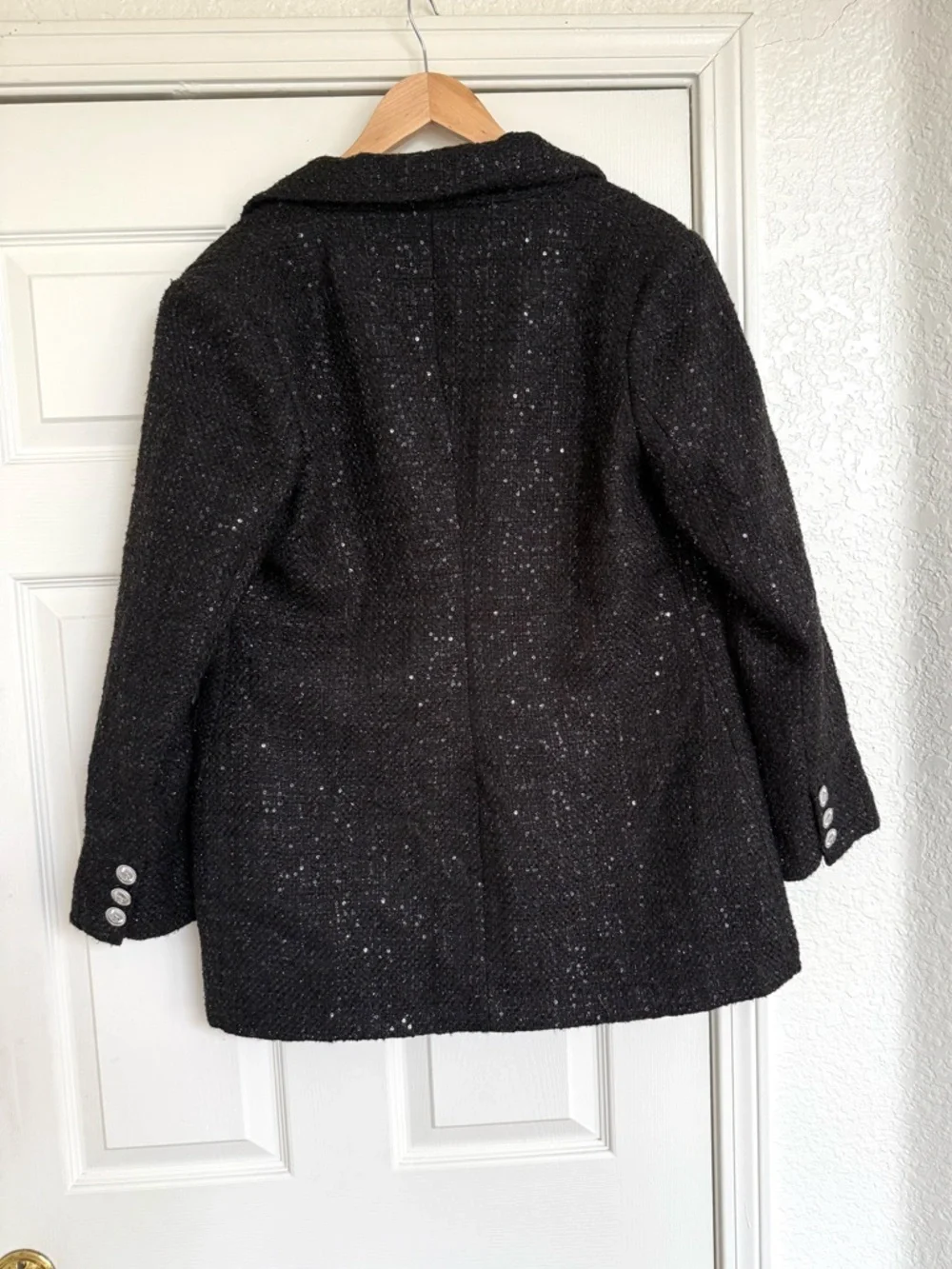 Maje Venatelli Blazer Black Sequined Tweed Double-Breasted Size Large (40) - Picture 7 of 8